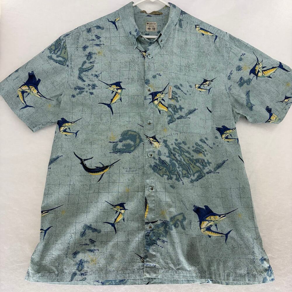 Columbia Sportswear Sailfish Marlin Keys Map Shirt Men's L Vintage Fishing Camp